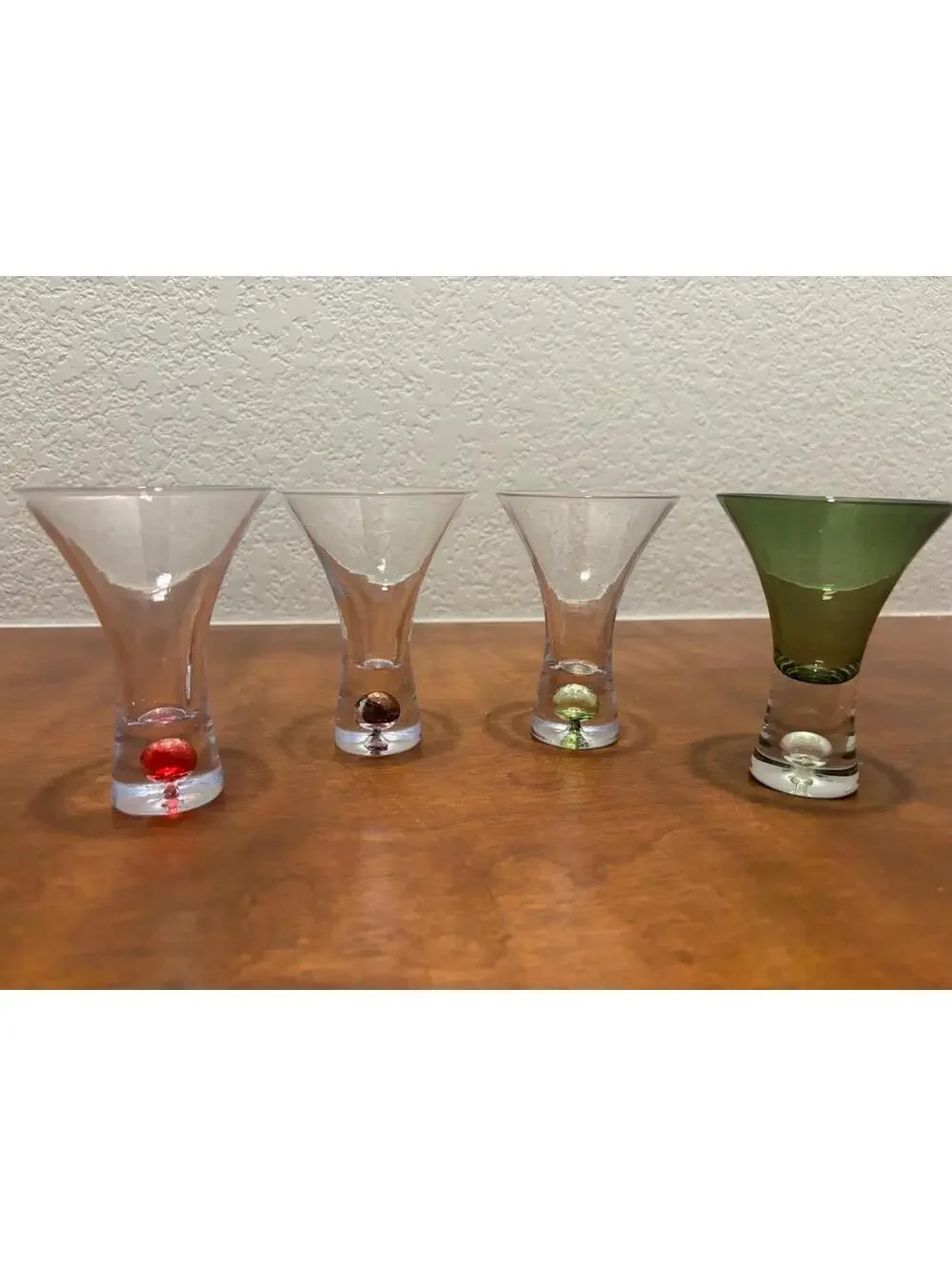 Set of 4 Vintage MCM Liqueur Glasses Red, Green and Purple Ball in Base